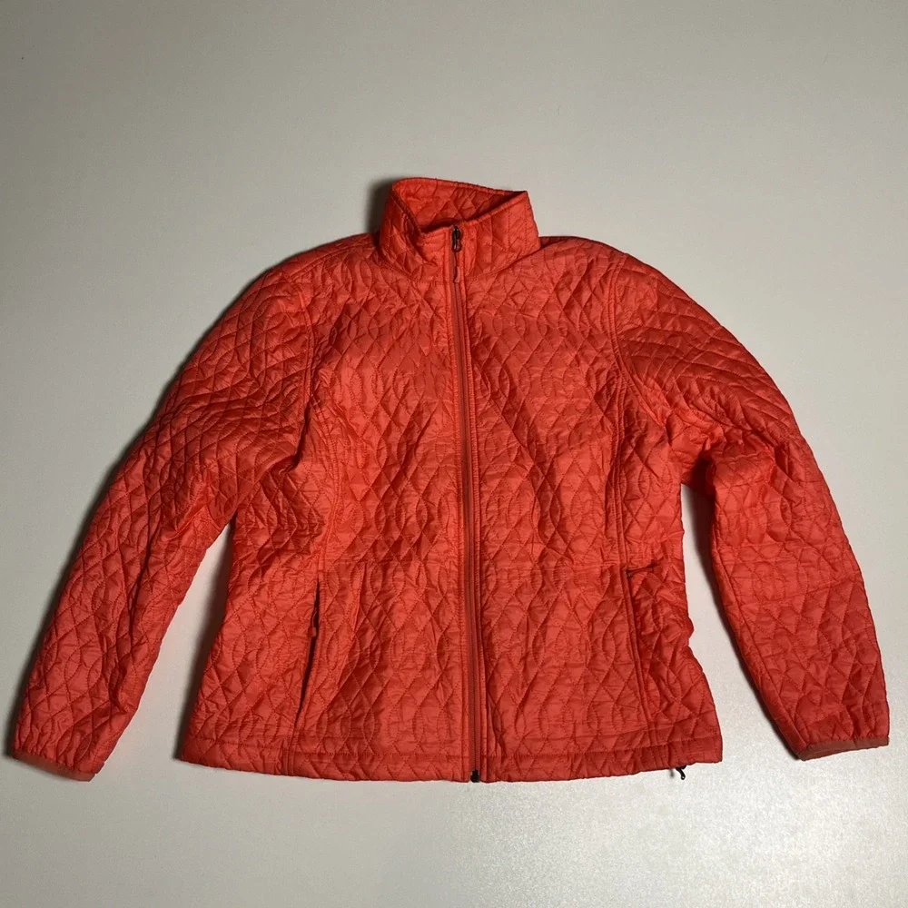 Lands‎ End Primaloft Quilted Jacket Orange Coral Full Zip Mock Neck Size M 10-12